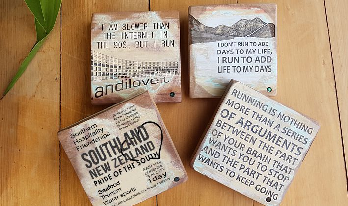 Coasters created from Recycled Rimu, gift for Runners and Southlanders. Great Mother's Day present