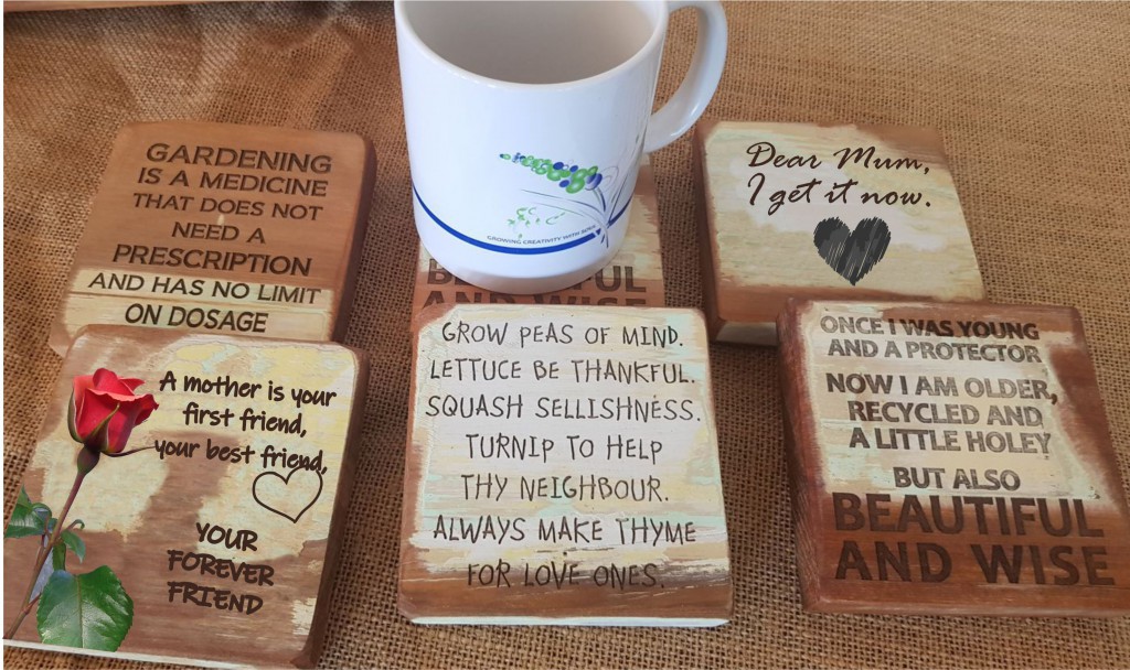 Mothers Day Coasters with gardening, running and Mother's Day themes